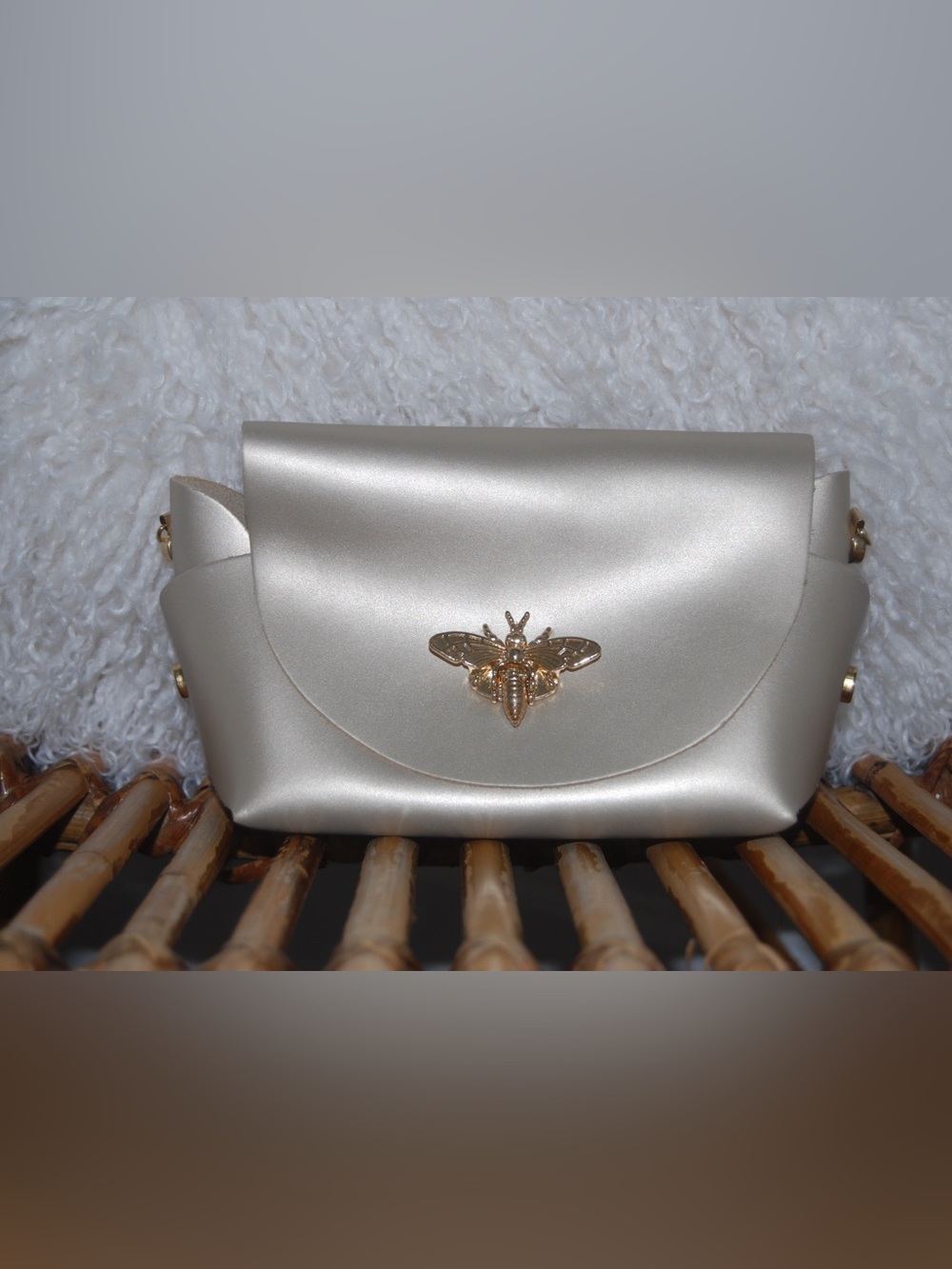 Vera Pelle Pearl Cream Satin Clutch with Gold Bee Accent